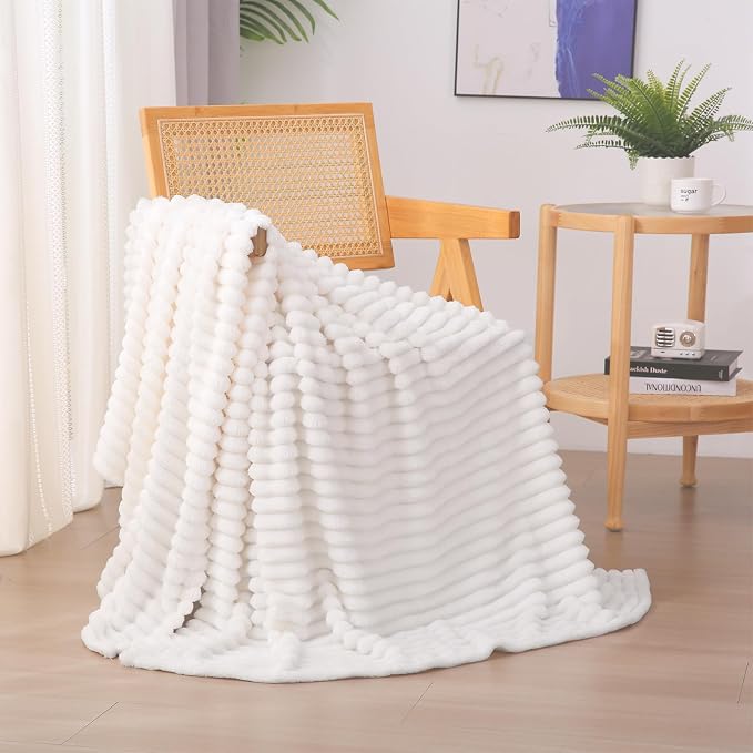 Cream White Fleece Throw Blanket 50”×60” for Couch Sofa Livingroom | Super Soft Cozy Plush Microfiber Flannel Bed Blanket Striped Design Lightweight Home Decor Gifts for Adults Mom Women