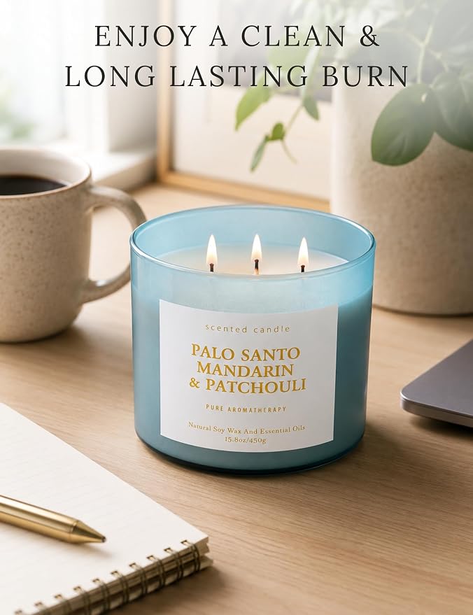 Palo Santo Mandarin Patchouli 3-Wick Soy Candle | 15.8 oz Calming Aromatherapy Candle for Home | Clean Burn Long Lasting | Warm Wood Citrus Scent | Stress Relief Candle Gift for Women & Men