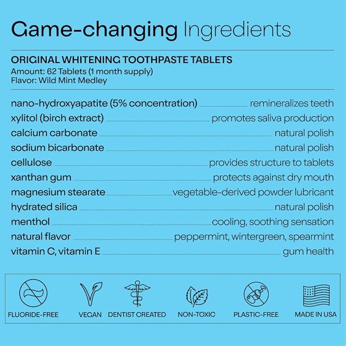Duo Toothpaste Tablets | Nano-Hydroxyapatite (nHa) Natural Whitening, Remineralize, Reduce Sensitivity | Sustainable & Plastic Free | Dentist Created | Wild Mint Medley - 1 Bottle / 186 Tablets