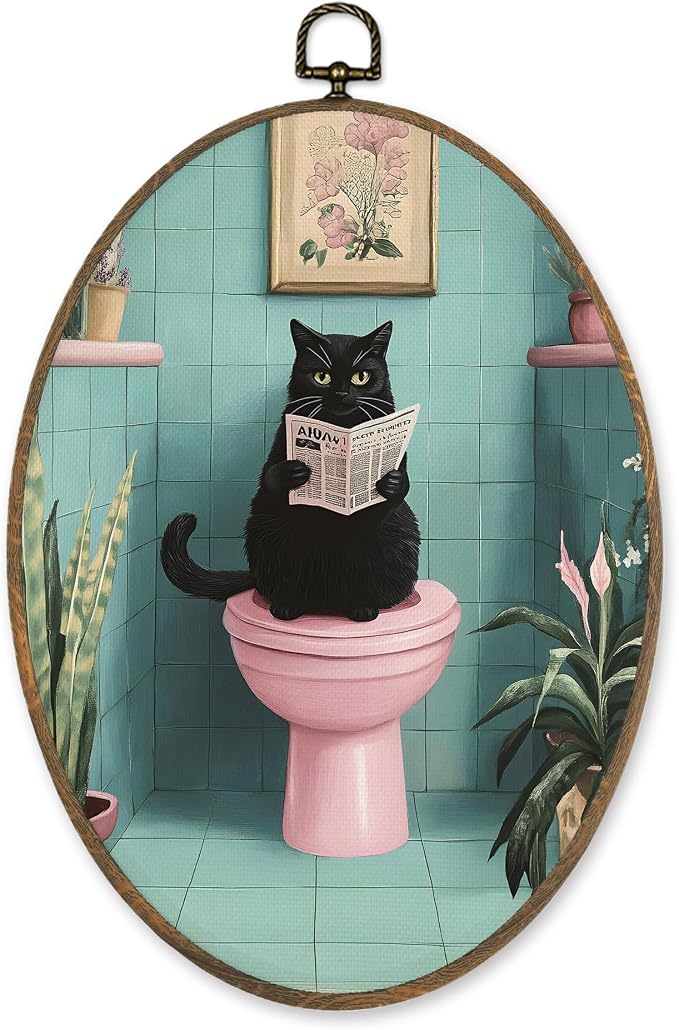 LKETW Funny Black Cat Bathroom Oval Wall Art Decor, Black Kitty Reading Newspaper on Toilet Oval Canvas Hanging Decor, Funny Cat Wall Decorations for Bathroom Restroom Washroom Toilet, 8.6x11.4 Inch