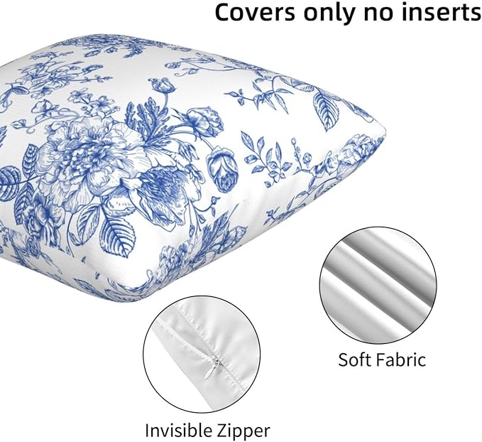 Blue White Chinoiserie Floral Throw Pillow Covers 16x16 Set of 2 Farmhouse Decorative Cushion Cases Home Decor