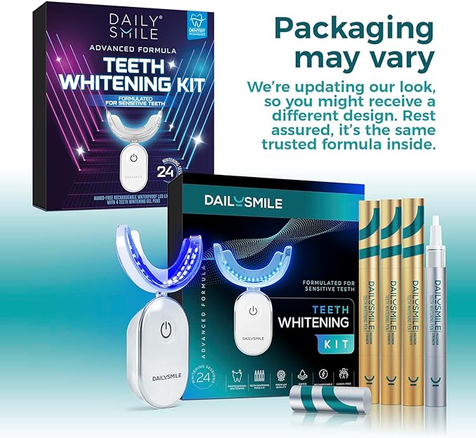 Dailysmile Teeth Whitening Kit with LED - Formulated for Sensitive Teeth, Hands-Free, Waterproof LED Light and 4 Gel Pens, Instant Results