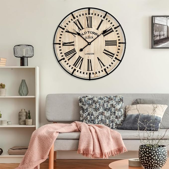 EMAX HOME Rustic Farmhouse Wall Clock 24 Inch, Vintage Oldtown London Wooden Large Clock with Silent Tick, for Bedroom, Office, Kitchen, Indoor Home Decoration