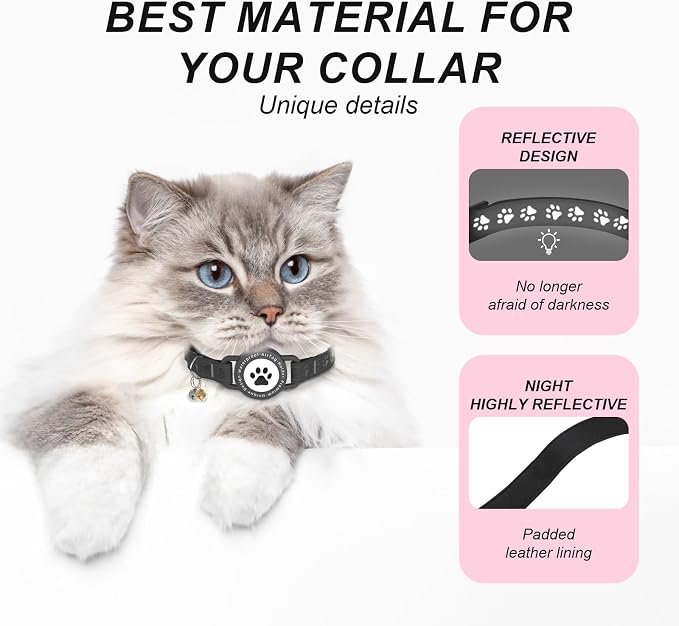GPS Cat Tracker Collar (iOS & Android), No Month Fee GPS Dog Tracker Black | Mini Bluetooth Smart Anti-Lost Pet Finder Tag Works with Apple Find My & Google Find Hub