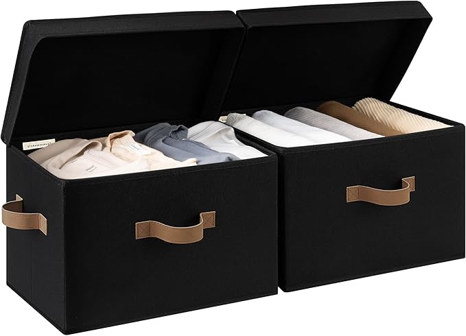 StorageWorks Fabric Storage Bins with Lids, Large Closet Storage Bins | Flip-Top Lid, 3 Handles, Collapsible, Stackable, for Clothes Blankets, Multi-Purpose, Large, Black, 2-Pack