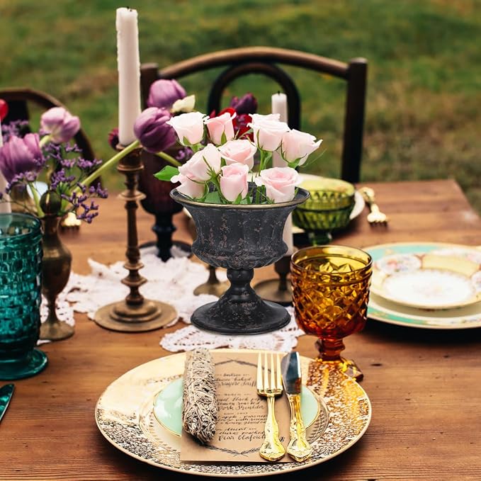 Vintage Metal Urn Planter, Small Roman Flower Pot Table Centerpiece Trumpet Vase Farmhouse Table Centerpiece Flower Bucket Decorative Trumpet Vase for Home Wedding Garden Indoor Outdoor (6 Inch)