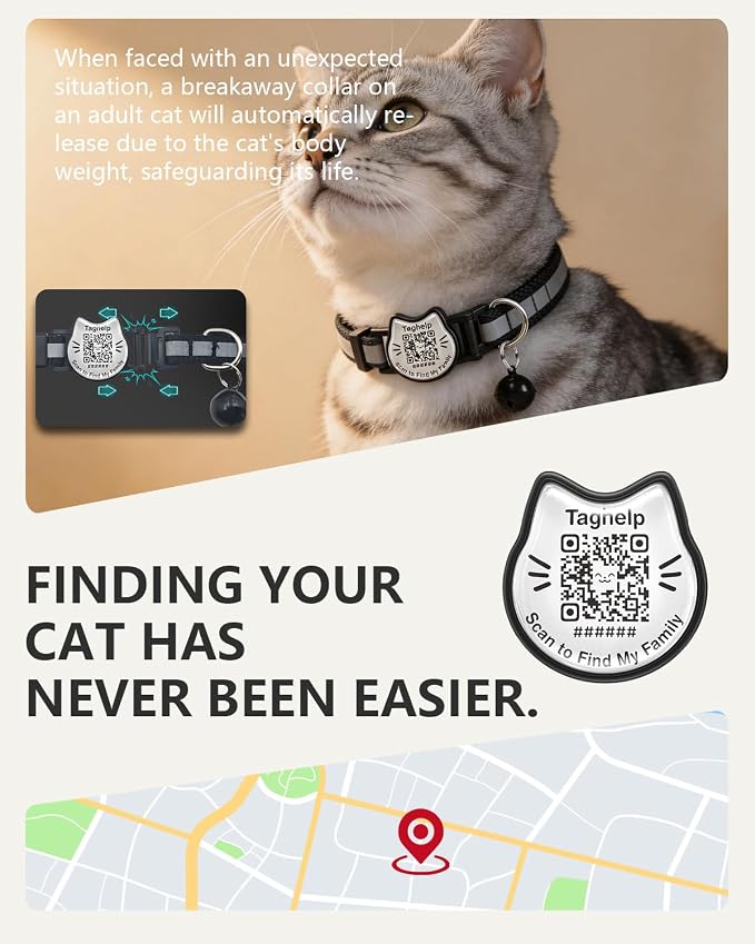 Breakaway Cat Collar with QR Code Tag and Bell (Black & Rose red) | Reflective Nylon, Quick-Release Buckle
