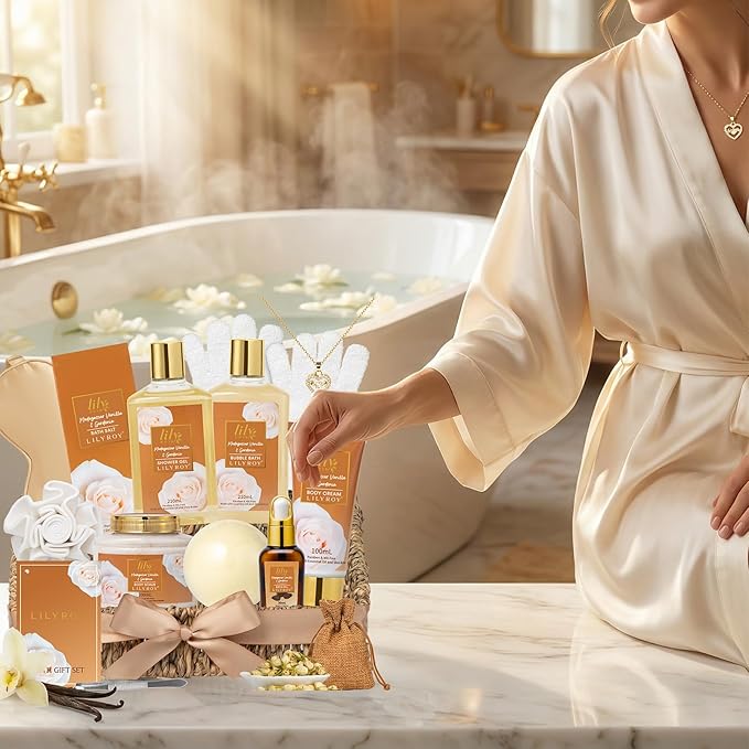 Mothers Day Gift Basket for Mom, Gifts for Women, Spa Gift Basket for Women - Vanilla Bath and Body Gift Basket Set, Spa Kit | Gifts for Christmas, Valentines Day, Birthday, Bath Spa Gift Sets for Her