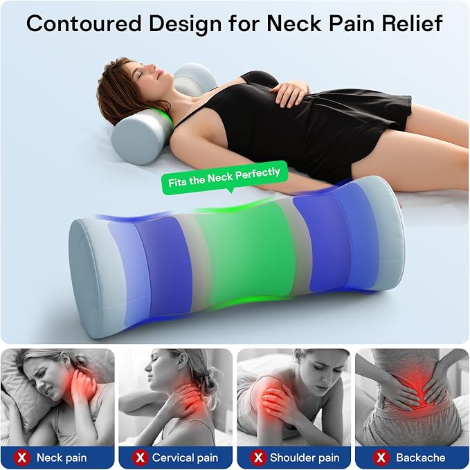Neck Roll Pillow - Cooling Cover Round Neck Pillow for Sleeping - Memory Foam Cervical Support Pillow - Ergonomic Cylinder Pillows for Neck, Leg, Back, Yoga, Relaxing (Grey Blue)