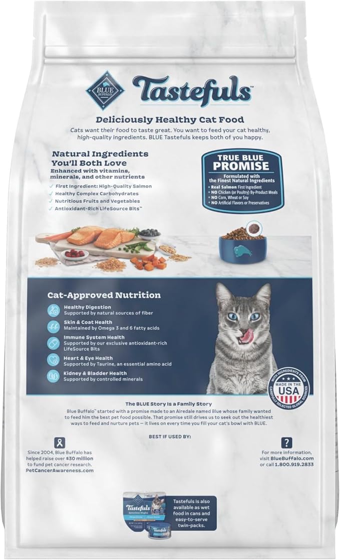 Blue Buffalo Tastefuls Salmon Adult Indoor Dry Cat Food, 5 lb | Salmon & Brown Rice Recipe, Antioxidant-Rich LifeSource Bits, No Corn, Wheat, or Soy