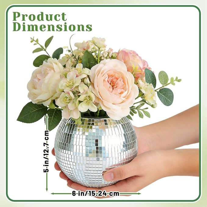 Disco Ball Vase Mirrored Ball Plant Holder Silver Mosaic Glass Disco Planter Centerpiece Decorative Discos Balls Vase Ideal for Weddings,Parties,Birthdays,Celebrations Disco Table Decor (5“ x 6”)