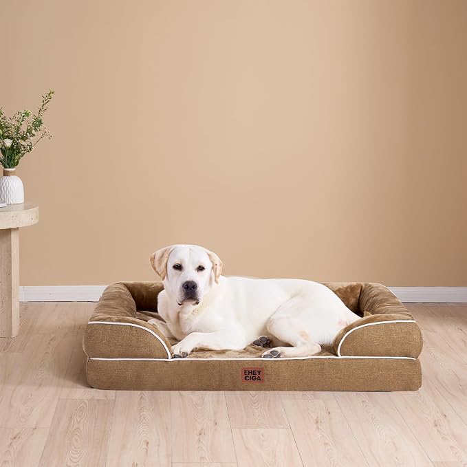 EHEYCIGA Orthopedic Dog Bed Medium Size Dog, Waterproof Washable Pet Beds | Non-Slip Bottom and Egg-Crate Memory Foam Dog Couch Bed with Washable Removable Cover, Camel