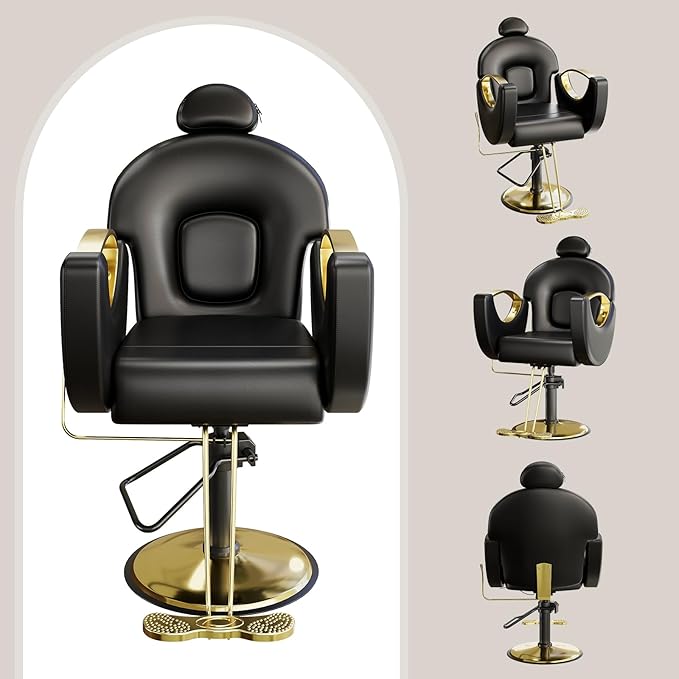 Barber Salon Chair, Reclining Salon Chair with Heavy Duty Hydraulic Pump, 360° Swivel and Height Adjustable, 330 LBS Capacity Spa Beauty Equipment Hairdresser Armchair for Barbershop- Black & Gold