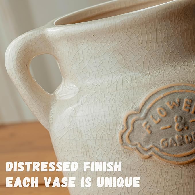 Rustic White Ceramic Vase, 5.8 Inch Vintage Flower Vases with Handle, Farmhouse Distressed Decorative Vases for Home Decor, Wide Mouth Vase for Living Room Bedroom Table Shelf Decorations
