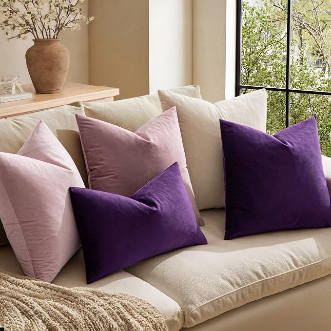 MIULEE Velvet Throw Pillow Covers 18x18 Inch Pack of 2 Eggplant Purple | Soft Solid Decorative Pillow Covers, Modern Luxury Home Decor, for Couch Chair Sofa Bedroom Livingroom