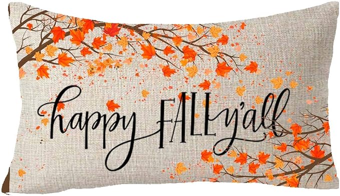 Happy Fall Y All Tree Maple Leaves Autumn Gift Cotton Linen Decorative Throw Pillow Cover Cushion Case 12''X20''inches
