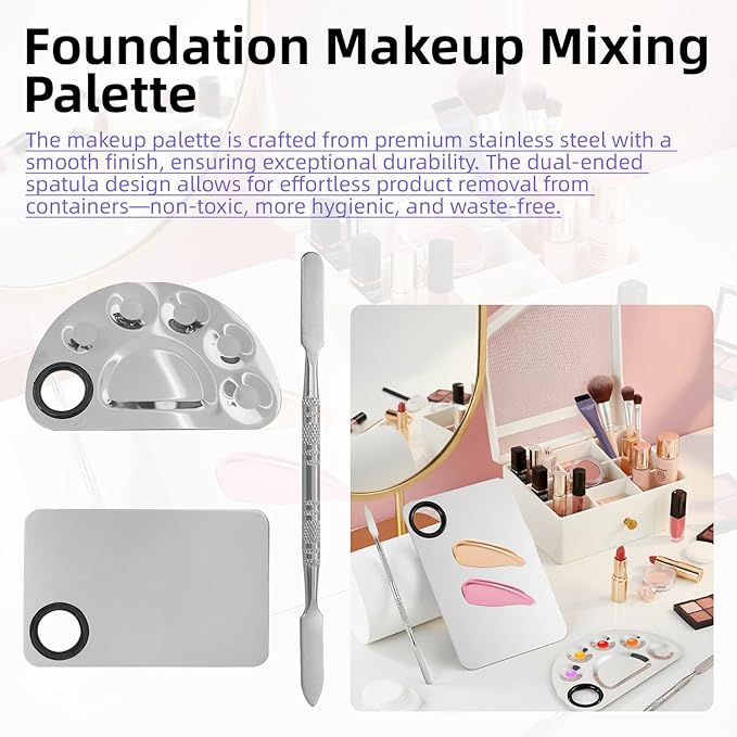 8Pcs Makeup Mixing Tray Makeup Palette with 4Pcs Makeup Spatula and a Makeup Brush, Stainless Steel Makeup Palette Mixing Tray Nail Art Foundation