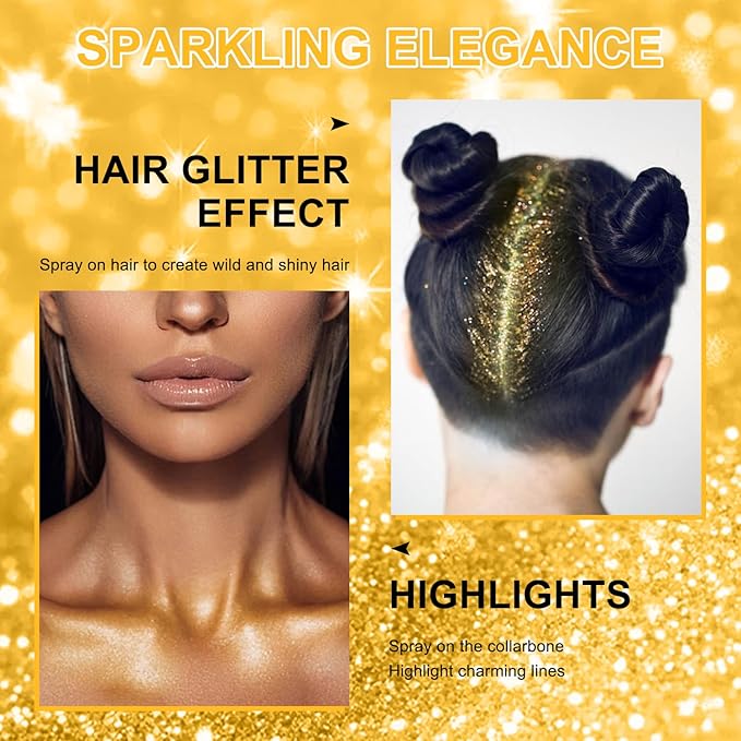 Hair and Body Glitter Spray, 60ml Gold Glitter Hairspray Dry Powder Makeup for Clothes, Festival Rave Prom Loose Sparkle Powder,Holographic Ultra Fine Glitters for Crafts (Gold)