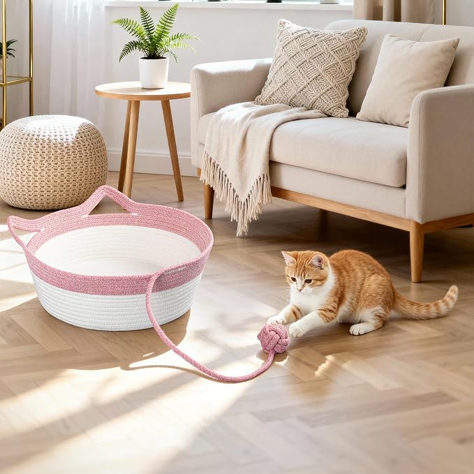 Cotton Rope Woven Cat Bed, Instinct Pet Basket with a Play Ball, Large | Foldable Cat Scratcher Basket for Indoor Cats, Puppies, Rabbits and Small Pets, Pink & White