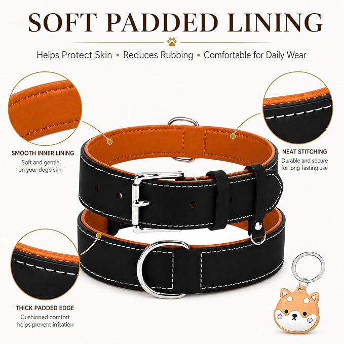 Genuine Leather Dog Collar, Soft Padded Leather Dog Collars with Airtag Holder Case for Small Medium Large X-Large Dogs,Comfort Heavy Duty Pet Collar with Durable Metal Buckle & D-Ring-Black/L