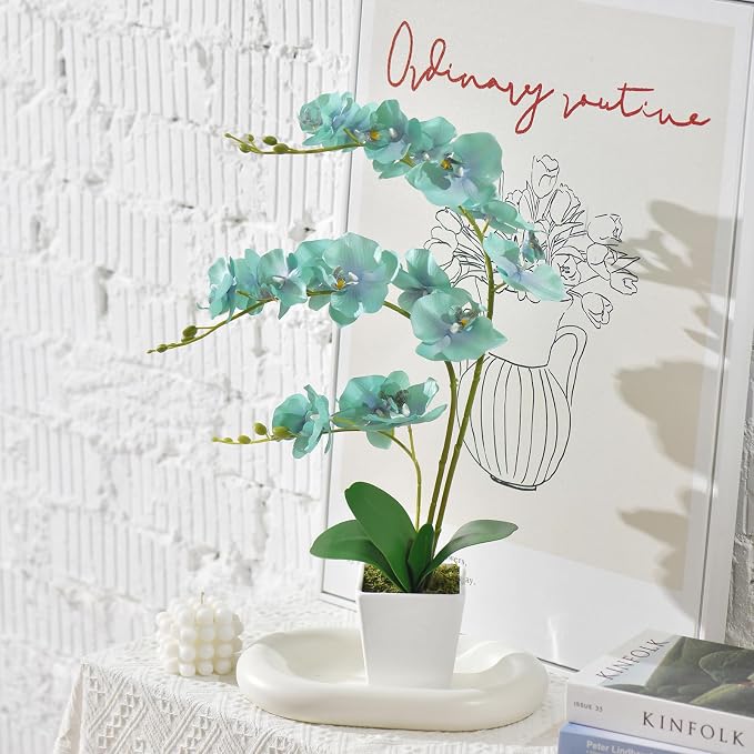 22" Golden Blue Faux Orchid in Ceramic Vase for Table Décor | Real Look Potted Phalaenopsis, Ideal Centerpiece for Home, Office, or Indoor Display, Lifelike Silk Flowers, No Maintenance