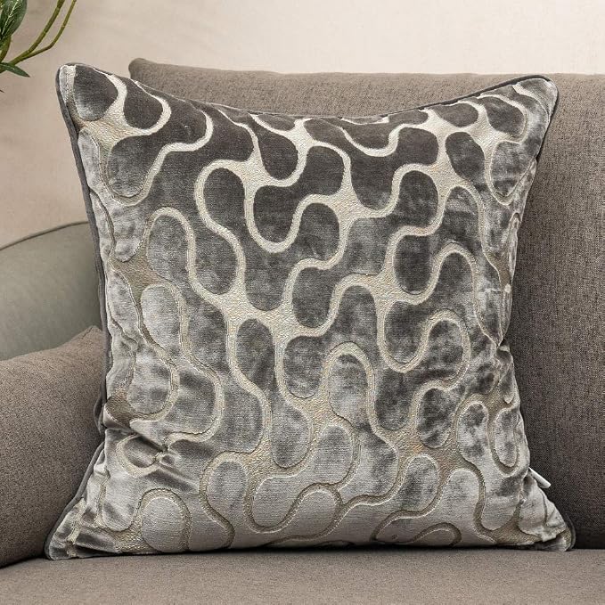 Silver Grey Square Throw Pillow Cover Wavy Velvet Cushion Cover Modern Zippered Pillowcase for Sofa Couch Bedroom Living Room Chair, 20 x 20 Inch