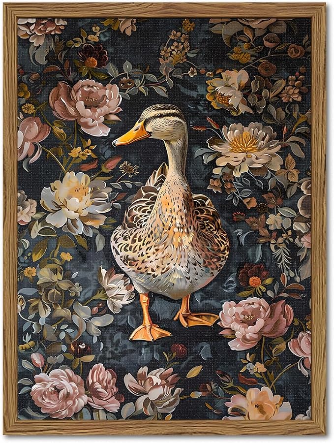 Vintage Mallard Duck Wall Art, Whimsical Dark Cottagecore Duck Wall Decor Painting Moody Animal and Botanical Poster Canvas Print for Living Room Bedroom 16x24 inch Wood Framed