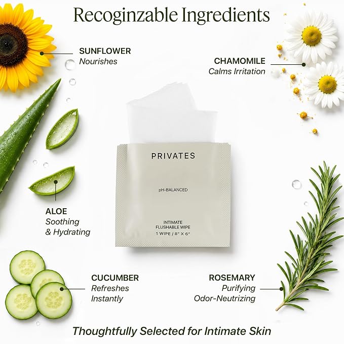 PRIVATES pH-Balanced INTIMATE WIPES for Women & Men | Odor Control, Irritation & Dryness Relief | Hydrating & Soothing with Aloe | Microbiome-Friendly | Natural Ingredients | Fragrance-Free | 25 Count