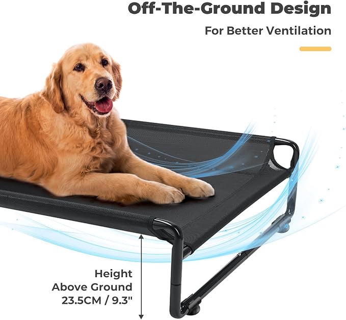 Veehoo Outdoor Elevated Dog Bed, Cooling Raised Dog Beds for Large Dogs | Washable Dog Cot with Headrest Sides, Non-Skid Feet, Breathable Mesh, Cooling Pet Hammock for Indoor or Camping, 42", Black