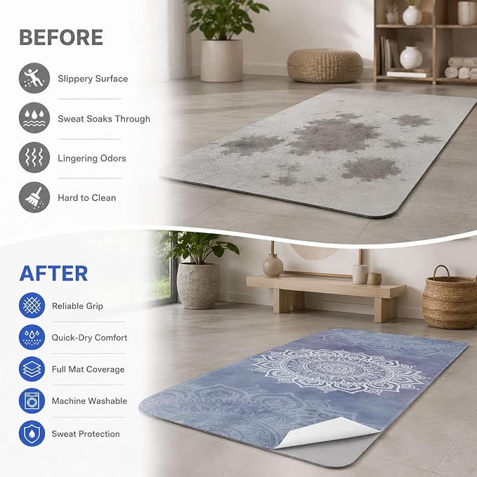 Yoga Mat Towel, Hot Yoga Non Slip with 4 Corner Pockets, 70 x 26 in | Soft Absorbent Microfiber With Four Corner Pockets, Fits Over Yoga Mats For Hot Yoga, Pilates, Gym, And Travel