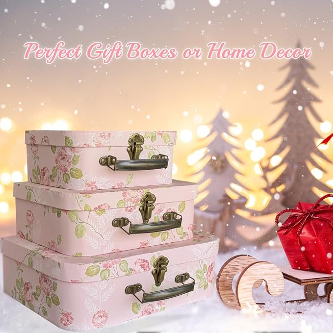 Paperboard Suitcases Set of 3 Decorative Storage Boxes With Lids, Gift Boxes With Lids For Presents, Compatible with Travel Dollhouses, Wedding Card Box or New Year Decorations (Pink Flowers)