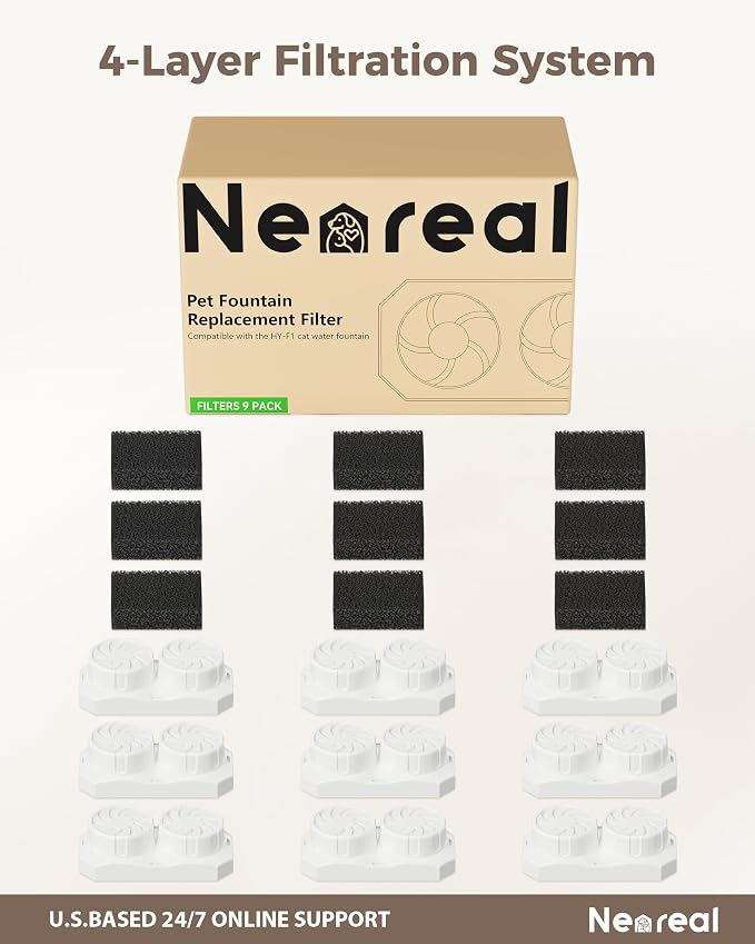 Neareal Official 9-Pack Replacement Filters for 74oz/2.2L Pet Fountain | Replacement Set Includes 9 Filters and 9 Pre-Filter Sponges, Replace Every 1–2 Weeks