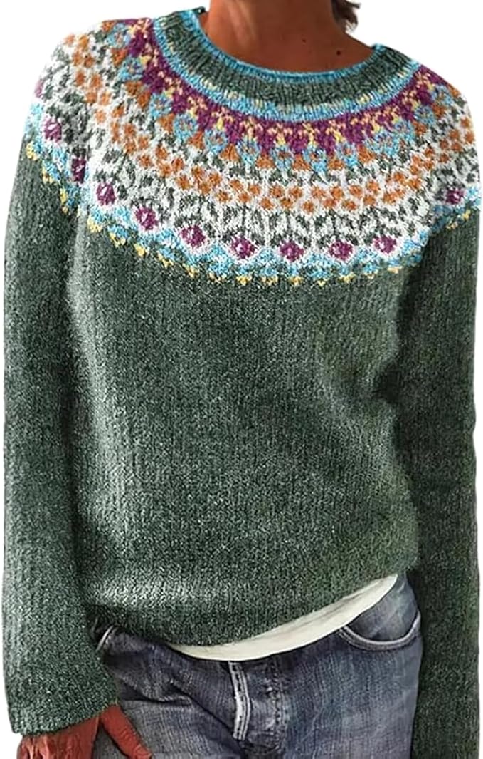 Zhyaj Fair Isle Sweater for Womens Winter Long Sleeve Vintage Knitted Sweater Casual Fall Crew Neck Pullover Sweaters
