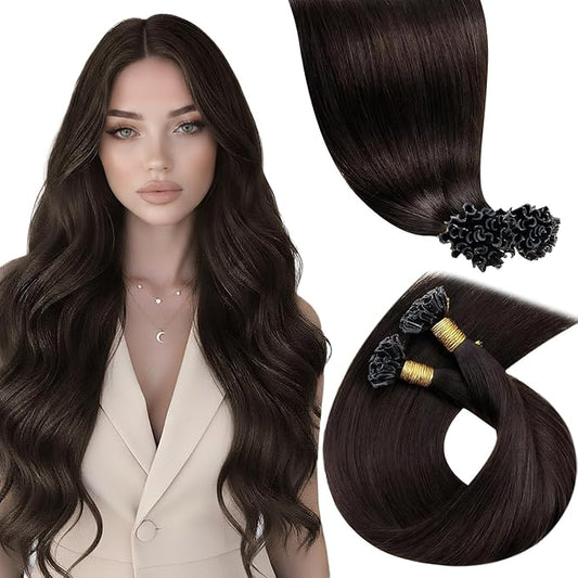 LaaVoo U tip Hair Extensions Human Hair Dark Brown K Tip Hair Extensions Real Human Hair Hot Fusion KTips Extensions Brown 14 Inch 1g 50s/50g