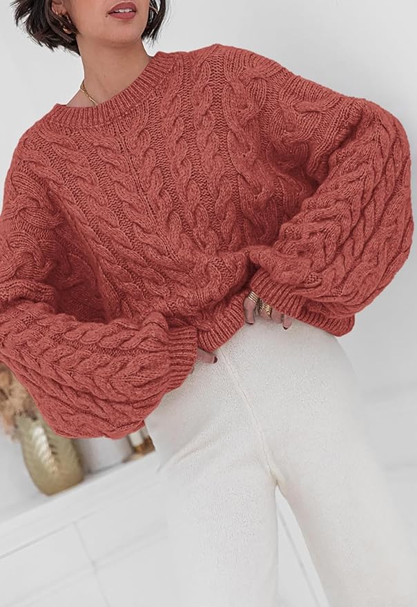 PRETTYGARDEN Womens Sweaters Spring 2026 Cable Knit Long Sleeve Crewneck Oversized Sweater Chunky Pullover Loose Outfits