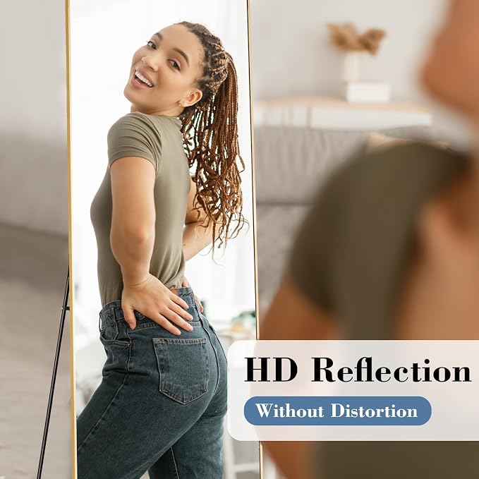 DUMOS 15"x56" Full Length Floor Mirror, Full Body Mirror | Free Standing or Wall Mount, Nano Glass Aluminum Frame, Hanging or Leaning, Modern Simple Home Decor, Gold