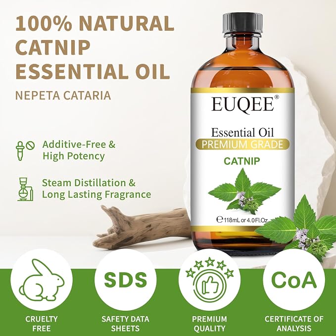 EUQEE 118ML Catnip Essential Oil, Fresh Herbal Aroma Catnip Essential Oil with Glass Dropper Great for Air Refresher, Massage, Diffuser, DIY Soap, Candle Making, Aromatherapy, Sleep
