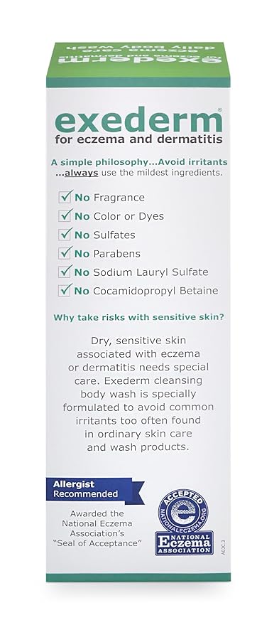 Exederm Body Wash for Eczema & Dermatitis, 8 Fl Oz, Ultra Sensitive Non-Irritating Bodywash, Gentle, Moisturizing Anti-Itch Cleanser for Red, Itchy, Dry Skin, Hypoallergenic, Sulfate & Paraben Free