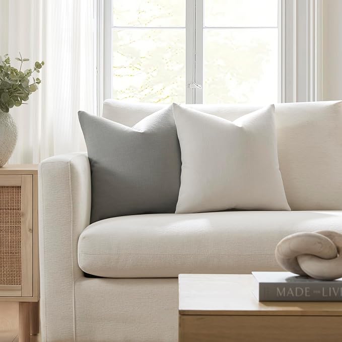 Meekio Set of 2 Ivory Throw Pillow Covers 22x22, Modern Farmhouse Linen Blend Decorative Pillow Covers for Couch Sofa Bed, Neutral Home Decor
