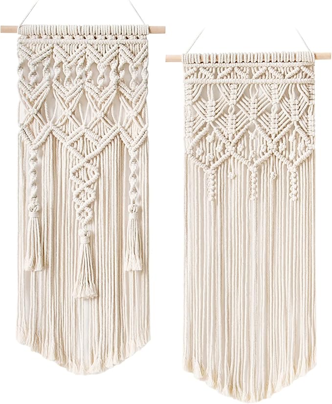 Mkono 2 Pcs Macrame Wall Hanging, Boho Woven Chic Tapestry Decor, Ivory | 32"L x 16.5"W, Bohemian Wall Decor, Hand-Woven Craft, Multi-Scene, Bedroom Nursery Living Room Apartment, Girls Adults Gift