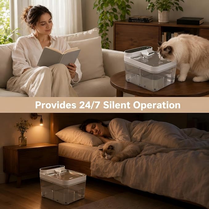 Cat Water Fountain No Filter, Wastewater Separation Cat Fountain Without Filters, Cordless &180-Days Runtime Pet Water Fountain