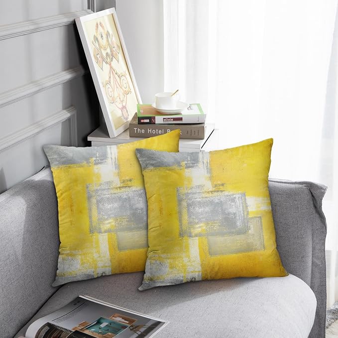 Throw Pillow Covers Set of 2, 18 x 18 Inch, Yellow Grey | Abstract Modern Art Outdoor Decorative Square Pillow Cases Couch Cushion Case for Couch Bed Sofa Living Room Home Decor