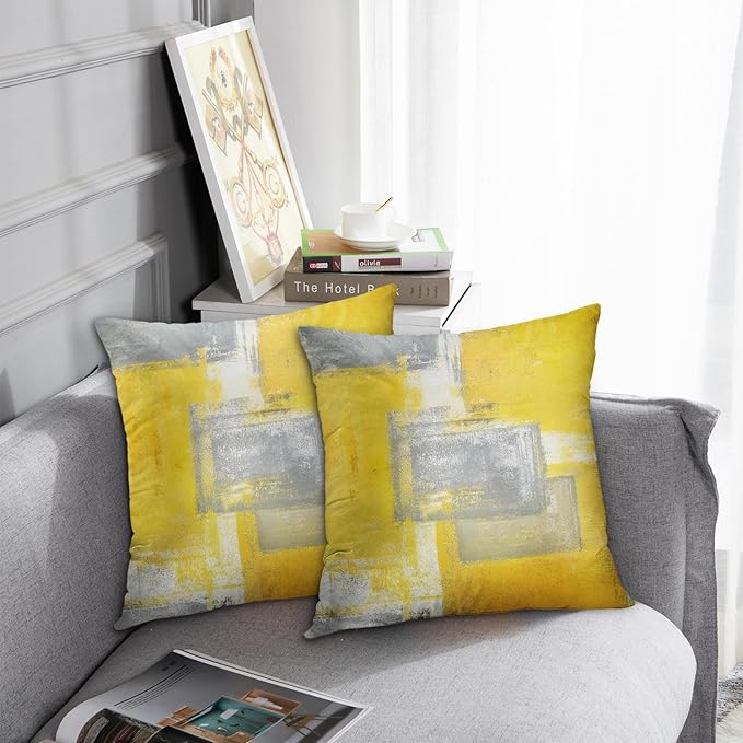 Throw Pillow Covers Set of 2, 16 x 16 Inch, Yellow Grey | Abstract Modern Art Outdoor Decorative Square Pillow Cases Couch Cushion Case for Couch Bed Sofa Living Room Home Decor