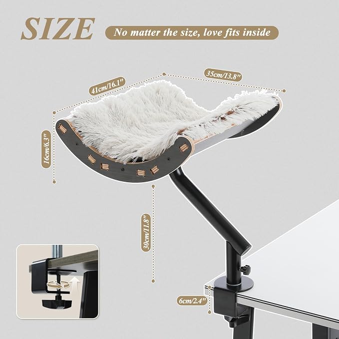 PEQULTI Desk Cat Bed, 360° Rotating Clamp-On Cat Hammock, Wood, Black | Clamps to desk edge (2.4", no drilling); holds 50 lbs; 360° rotating perch, 11.8" high; removable washable cushion