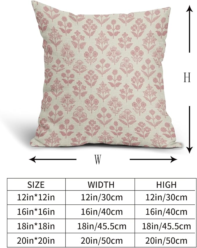 Pink Floral Block Print Pillow Covers 20x20 Inch Set of 2, Vintage Flower Decorative Throw Pillowcases for Home, Bedroom, Living Room, Porch, Office