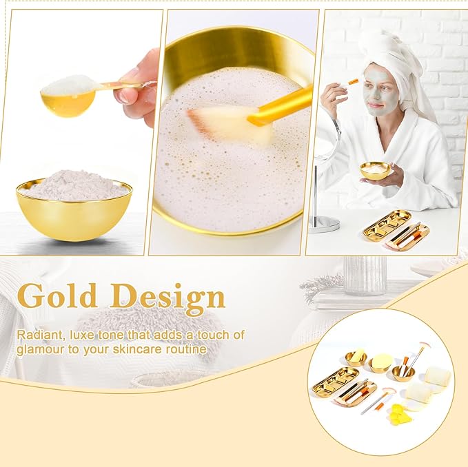 28 Gold Facial Supplies 3 Facial Mask Mixing Bowls 3 Facial Fan Brushes 3 Mask Applicator Brushes 3 Mask Measuring Spoons Skincare Tray 3-Compartment Serving Tray 12 Facial Sponges 2 Spa Headbands