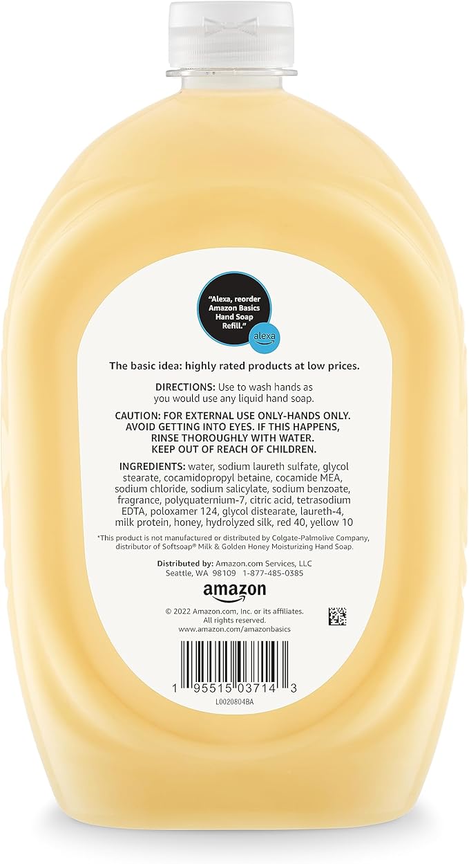 Amazon Basics Liquid Hand Soap Refill, Milk and Honey Scent, Triclosan-Free, pH Balanced, Dermatologist Tested, 50 Fluid Ounces (Pack of 4)