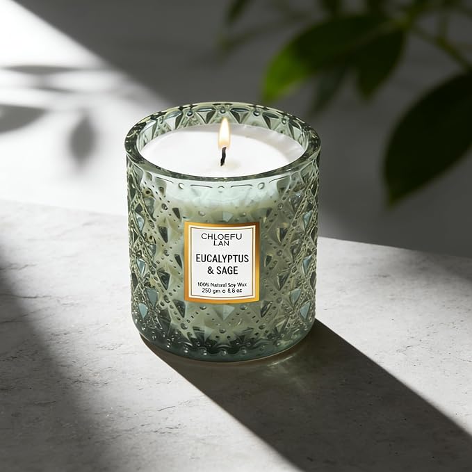 Eucalyptus & Sage Scented Candles Luxury Candle with up to 55 Hour Long Lasting, Highly Scented, 100% Soy Wax, 8.1oz, Beautiful Candles, Ideal for Home Decor and Gifts