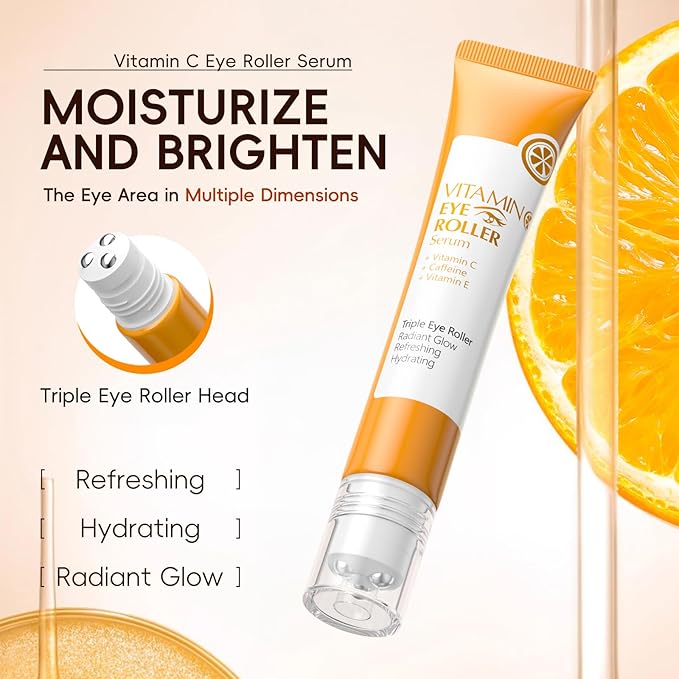 AKARY Vitamin C Eye Cream & Under Eye Serum, Refreshing, Hydrating, Radiant Glow Skin Roller Serum with 360° Massage Ball, Tightening for Women Reduce Wrinkles Fine Lines