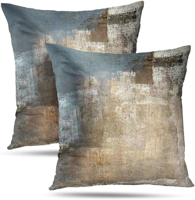 Grey and Beige Abstract Art Contemporary Pillow Cover, Modern Neutral Decorative Throw Pillows Cushion Cover for Bedroom Sofa Living Room 18 x 18 Inch Set of 2